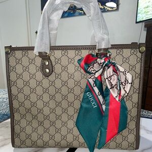 Beige Tote with Colorful Scarf Accent